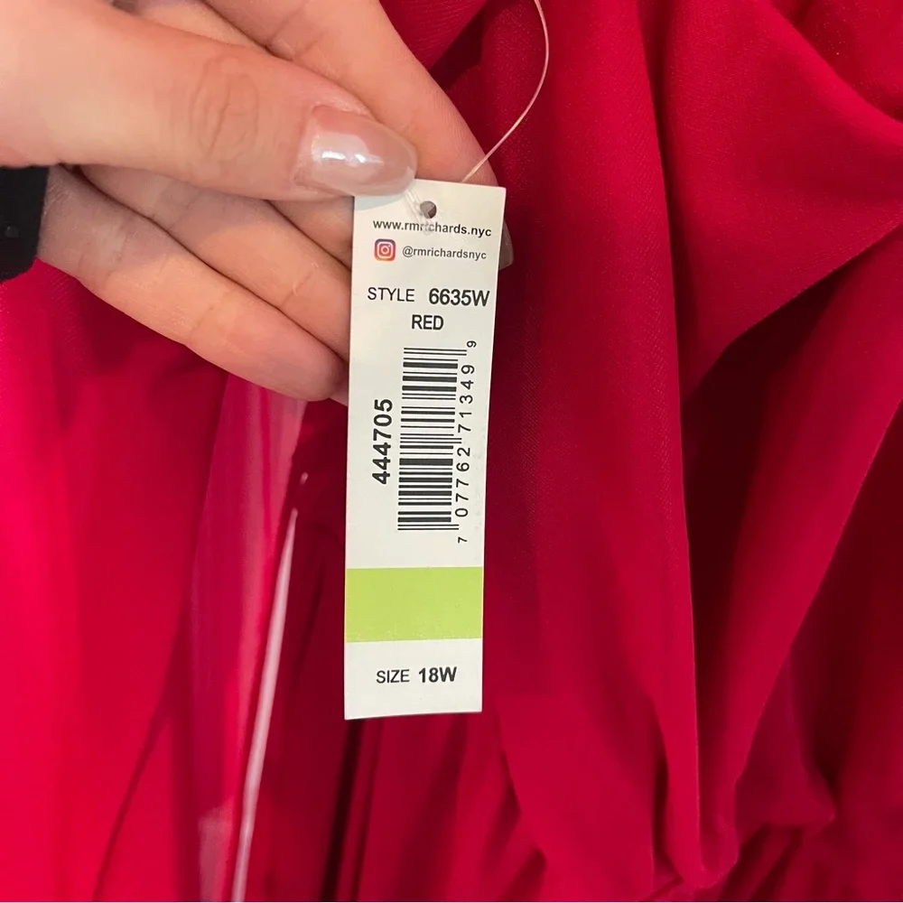 R&M Richards Sheer Cape Vibrant Red Dress with Embellished Trim